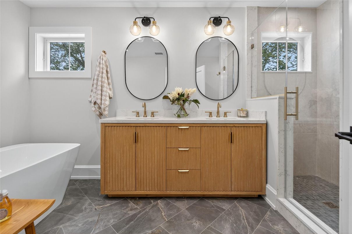 Bathroom, Dual Sink Vanities, Free Standing Baths, Glass Shower, Interior