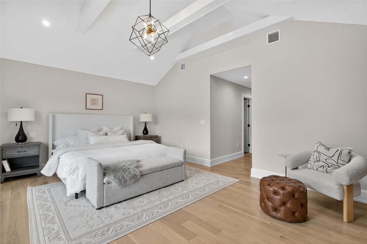 Bedroom, Interior, Pendant Lights, Recessed Lighting, Wood Texture Flooring