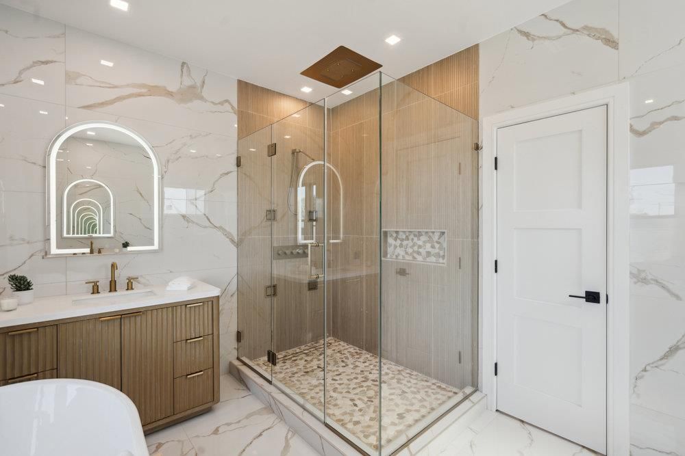 Bathroom, Glass Shower, Interior, Marble, Marble Walls, Recessed Lighting