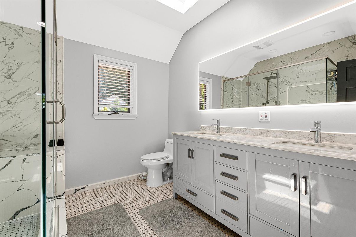 Bathroom, Dual Sink Vanities, Glass Shower, Interior, Marble Walls