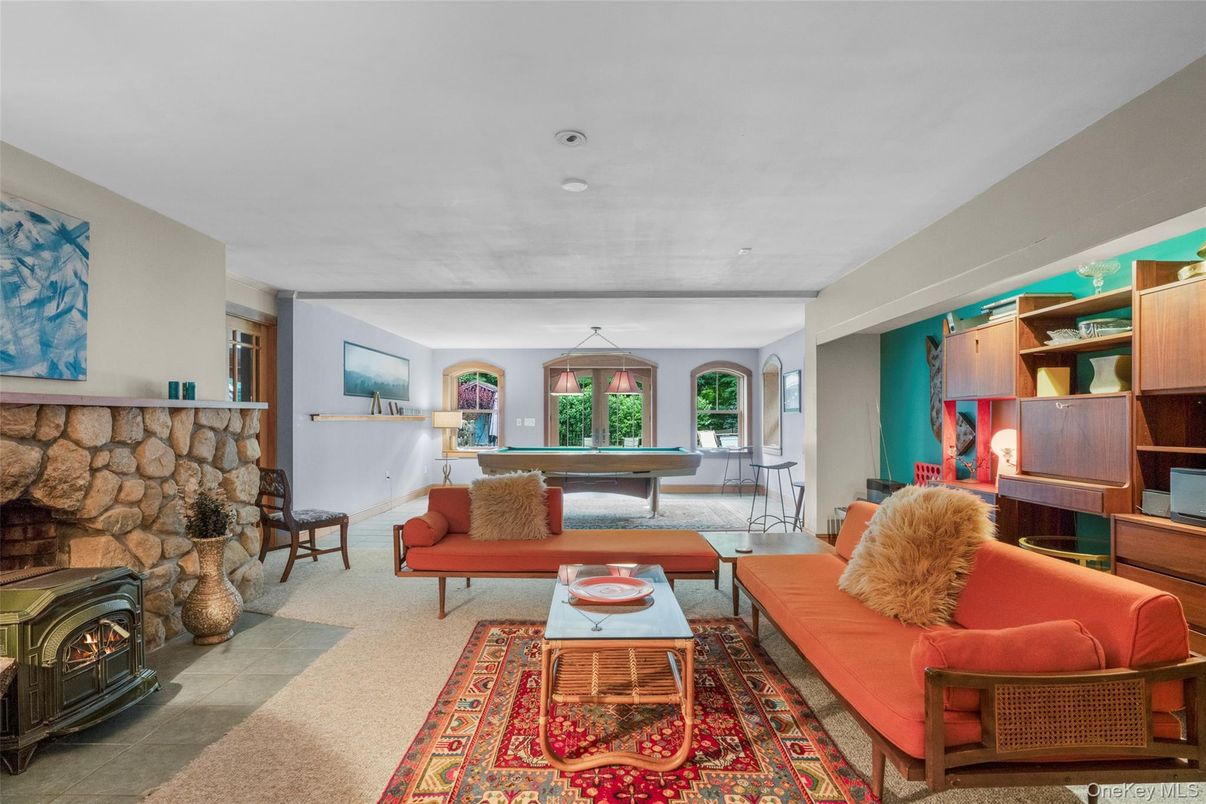 Billiard Table, Fireplace, Game Room, Interior, Living room, Stone Walls