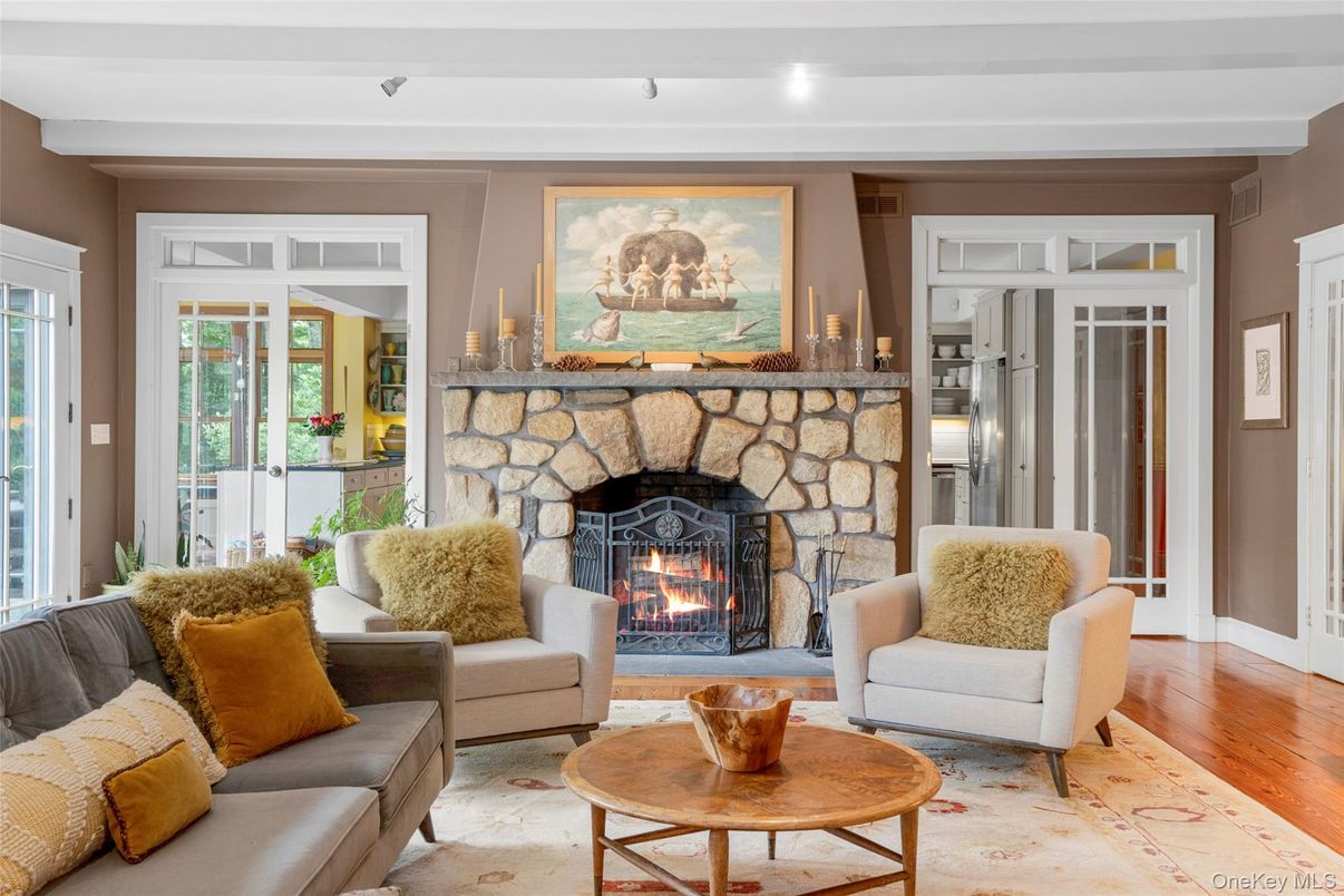 Fireplace, Interior, Living room, Recessed Lighting, Wood Texture Flooring