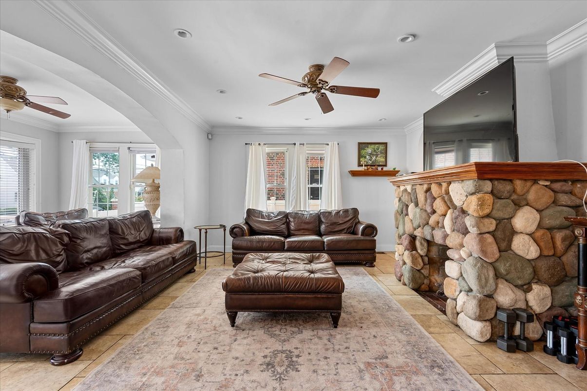 Fireplace, Interior, Living room, Recessed Lighting, Stone Walls