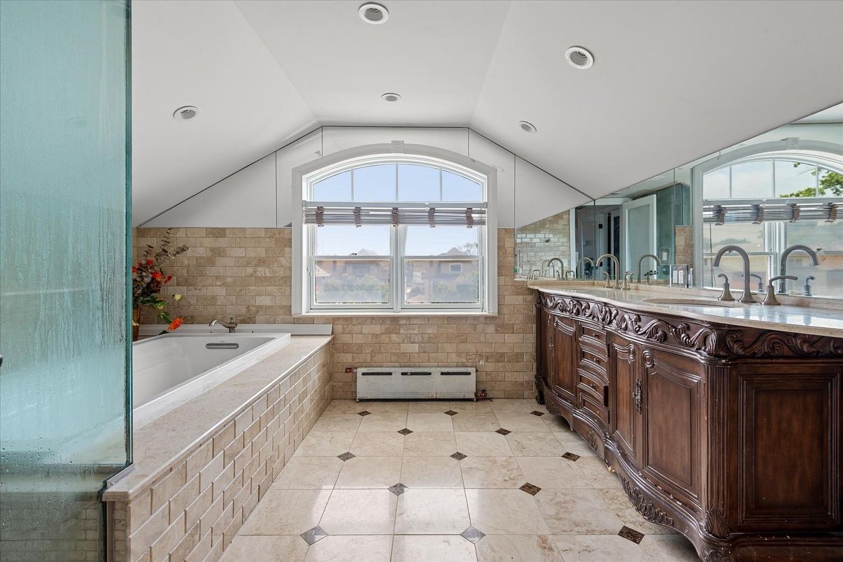Bathroom, Dual Sink Vanities, Interior, Recessed Lighting, Stone Walls