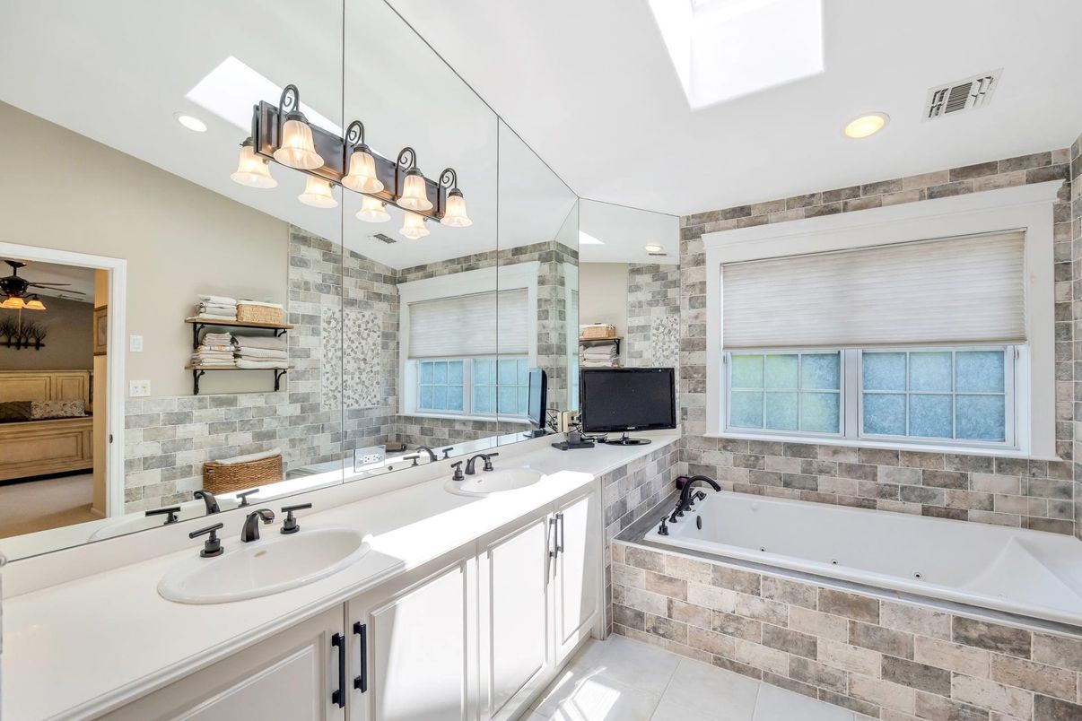 Bathroom, Dual Sink Vanities, Glass Shower, Interior, Pendant Lights, Recessed Lighting