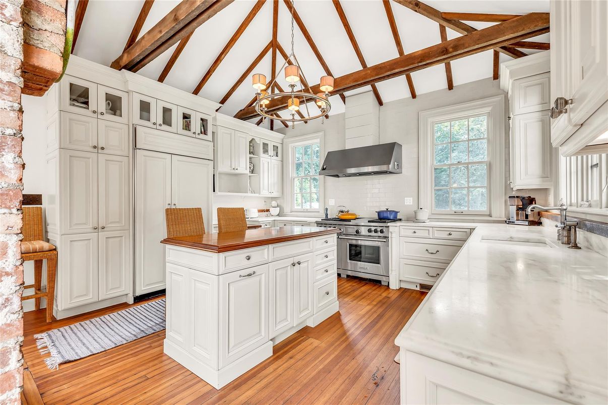 Chandelier, Interior, Kitchen, Pendant Lights, Stainless Steel Appliances, Wooden Beams, Wood Texture Flooring