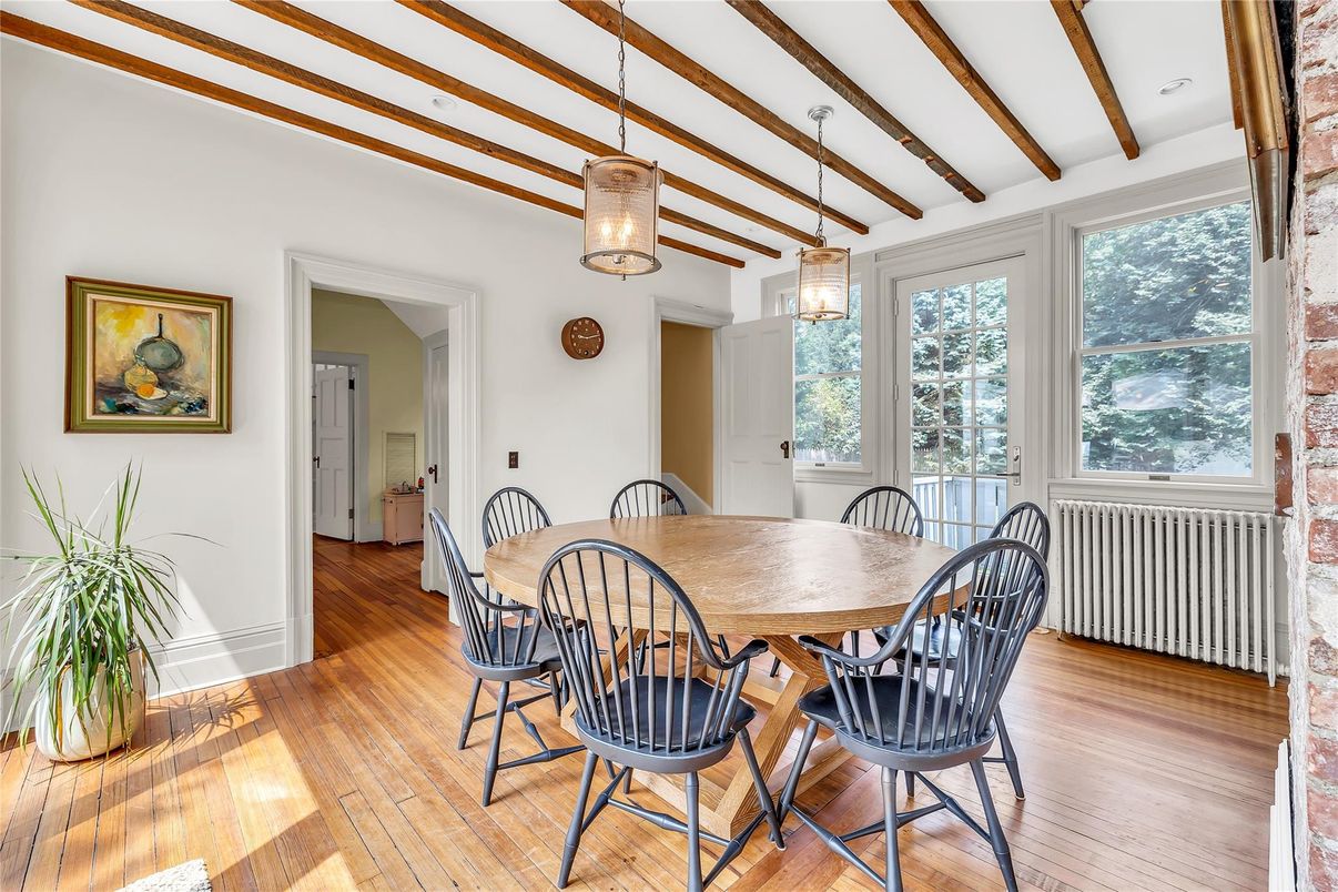 Dining room, Interior, Pendant Lights, Wooden Beams, Wood Texture Flooring