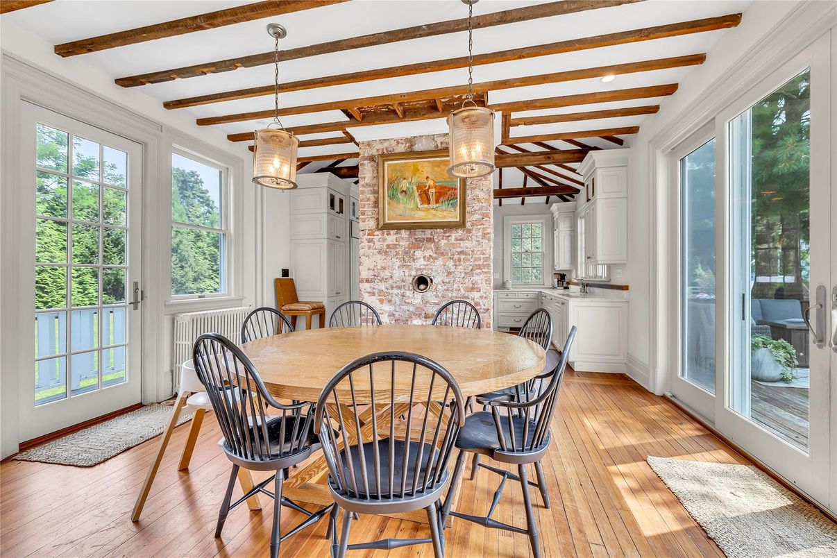 Dining room, Interior, Pendant Lights, Stone Walls, Wooden Beams, Wood Texture Flooring