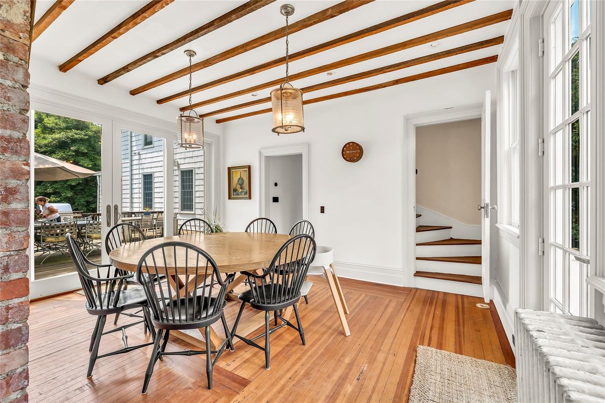 Dining room, Interior, Pendant Lights, Wooden Beams, Wood Texture Flooring