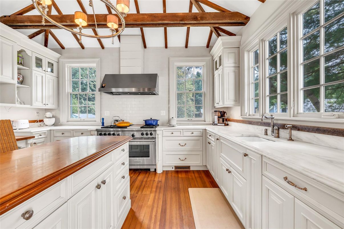 Interior, Kitchen, Pendant Lights, Stainless Steel Appliances, Wooden Beams, Wood Texture Flooring