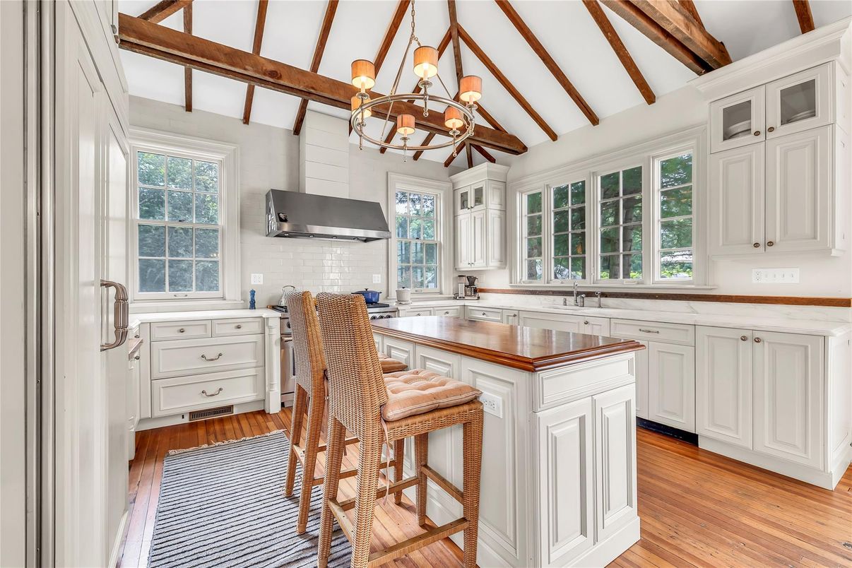 Interior, Kitchen, Pendant Lights, Wooden Beams, Wood Texture Flooring