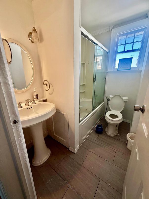 Bathroom, Glass Shower, Interior, Wood Texture Flooring