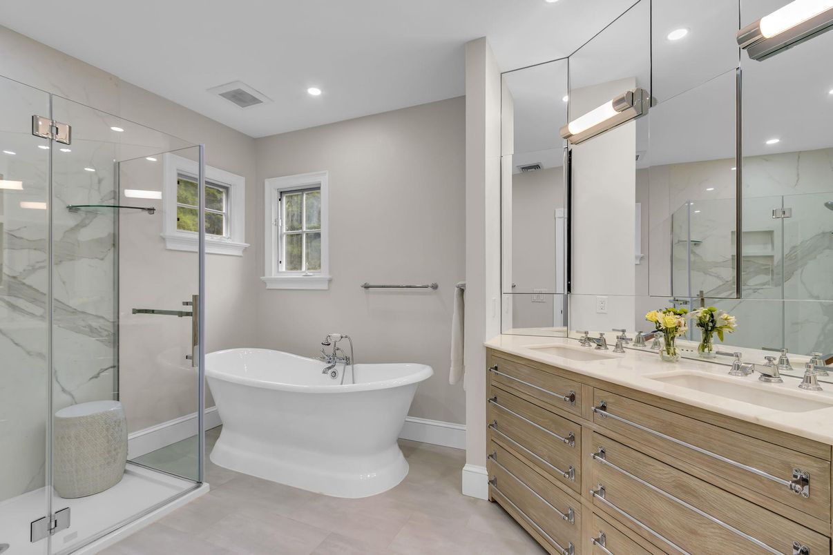Bathroom, Dual Sink Vanities, Free Standing Baths, Glass Shower, Interior, Marble Walls, Recessed Lighting