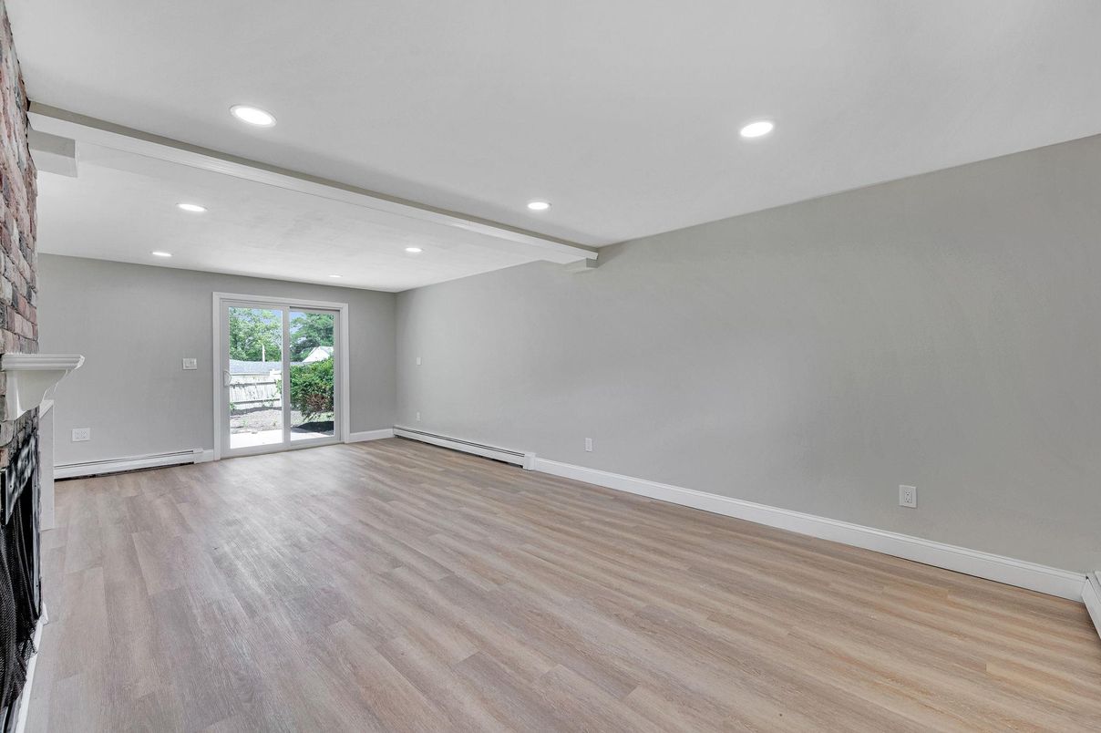 Empty room, Fireplace, Interior, Recessed Lighting, Wood Texture Flooring