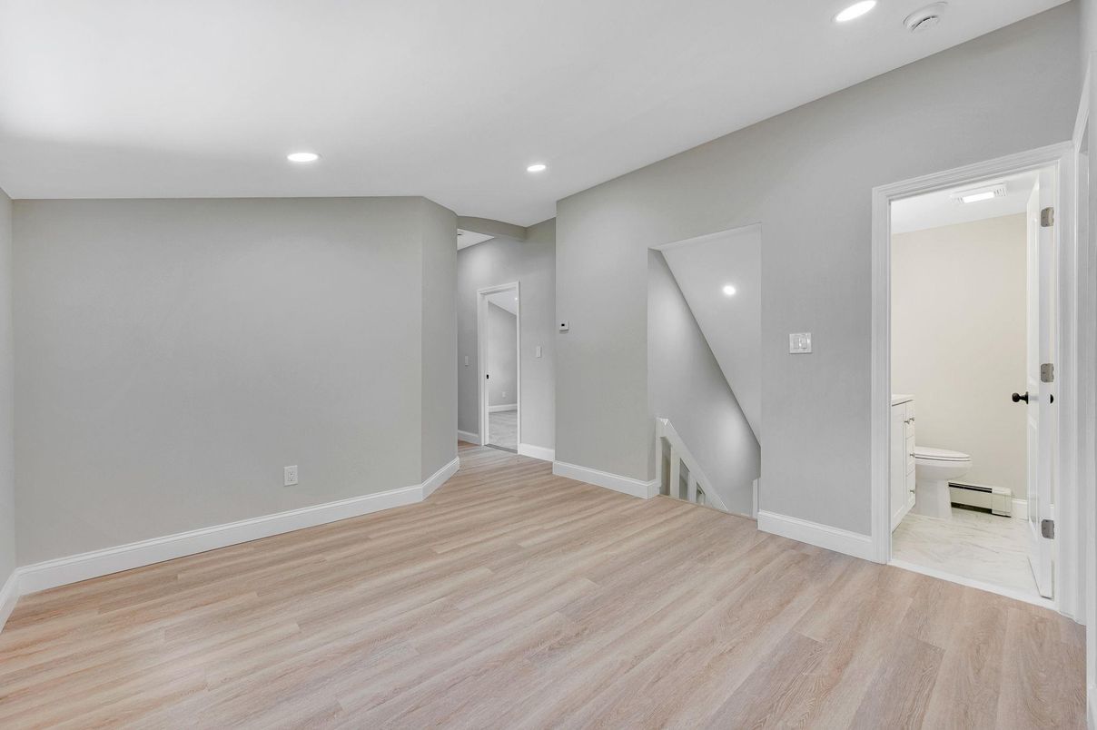 Bathroom, Empty room, Interior, Marble, Recessed Lighting, Wood Texture Flooring