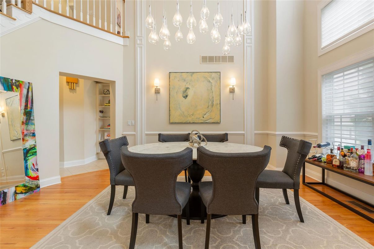 Dining room, Interior, Pendant Lights, Wood Texture Flooring