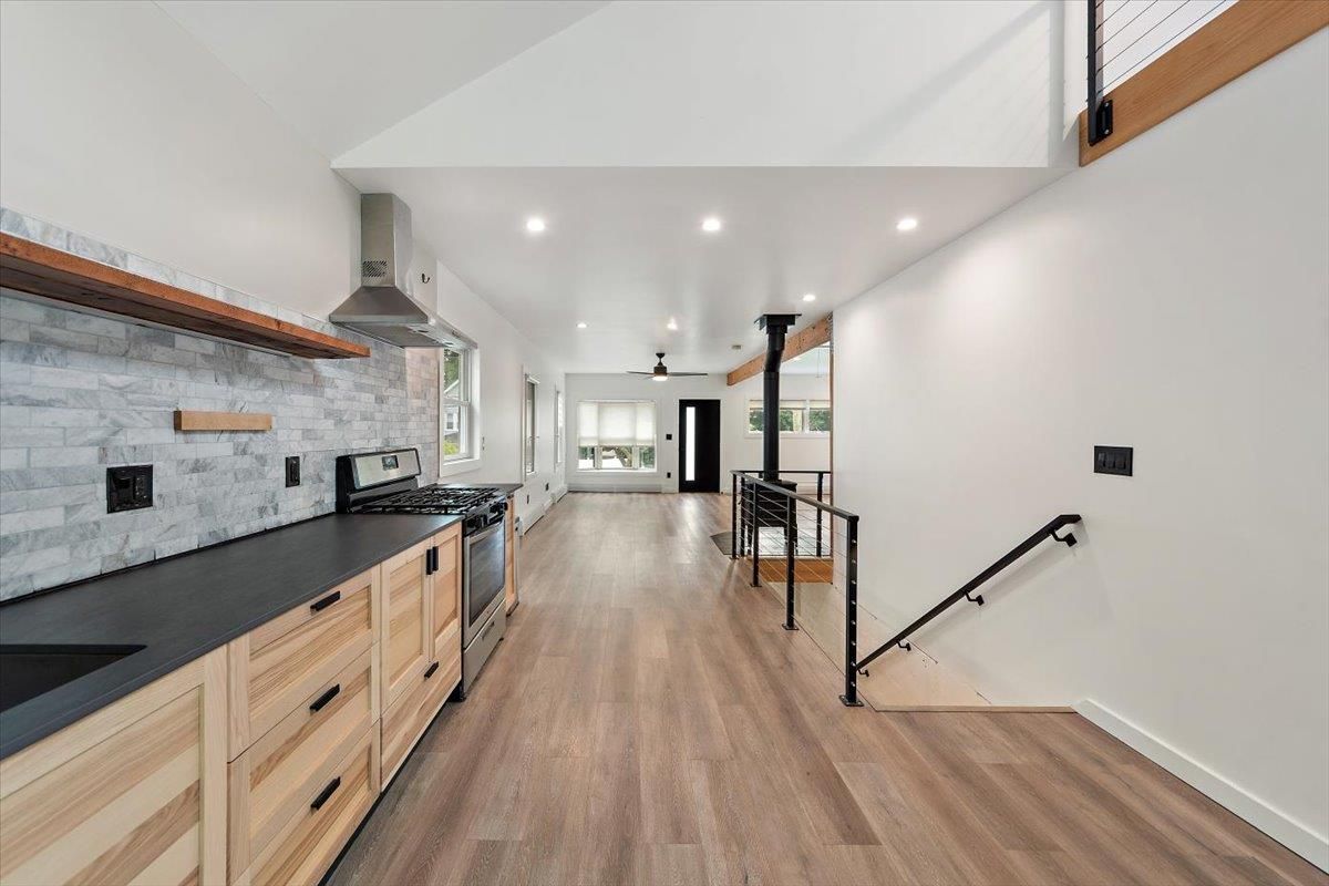 Interior, Kitchen, Recessed Lighting, Stainless Steel Appliances, Stone Walls, Wooden Beams, Wood Texture Flooring