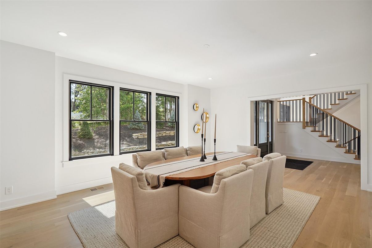 Dining room, Interior, Recessed Lighting, Wood Texture Flooring