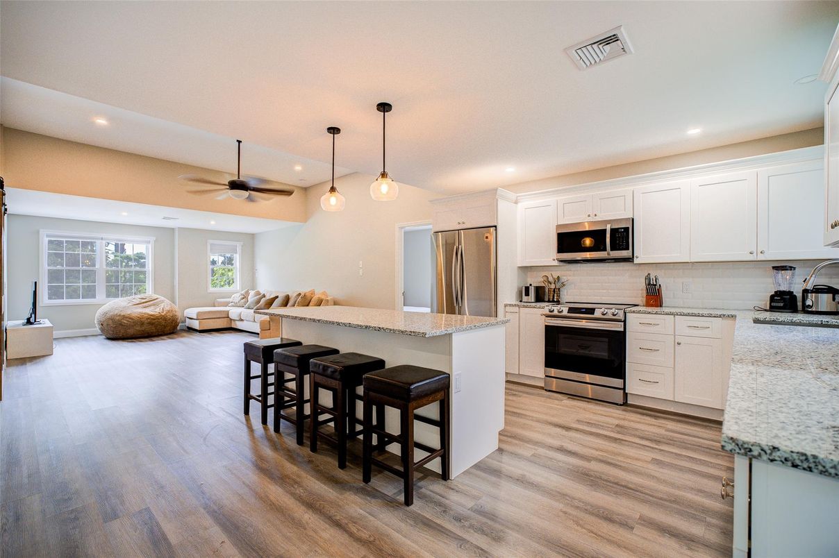 Interior, Kitchen, Living room, Pendant Lights, Recessed Lighting, Stainless Steel Appliances, Wood Texture Flooring
