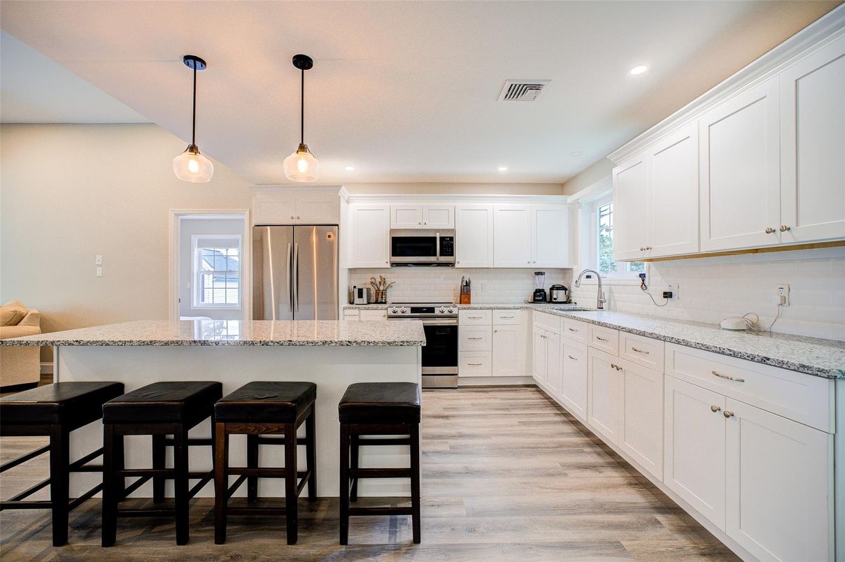 Interior, Kitchen, Pendant Lights, Recessed Lighting, Stainless Steel Appliances, Wood Texture Flooring