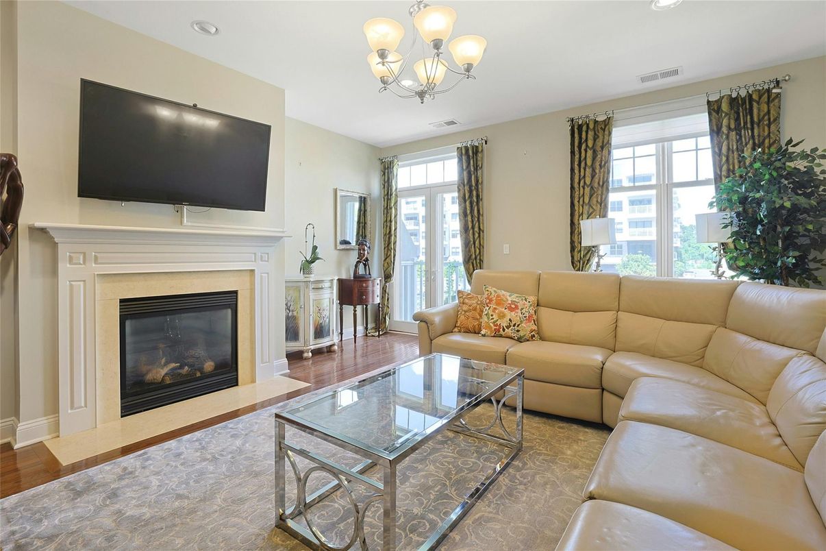 Chandelier, Fireplace, Interior, Living room, Recessed Lighting, Wood Texture Flooring
