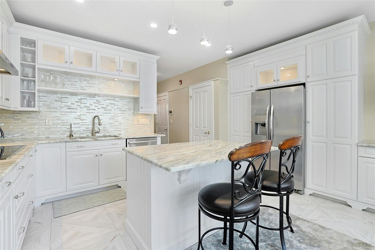 Interior, Kitchen, Marble, Pendant Lights, Recessed Lighting, Stainless Steel Appliances