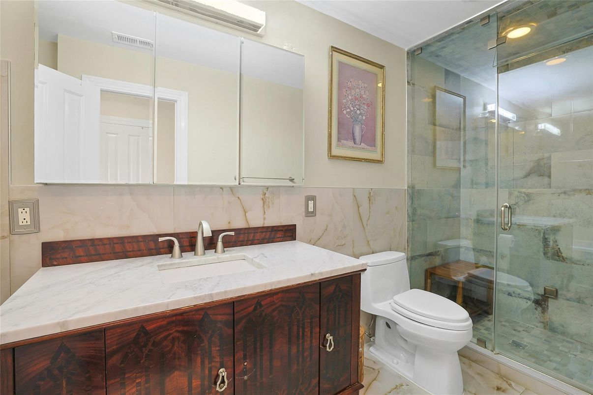 Bathroom, Glass Shower, Interior, Marble Walls, Recessed Lighting
