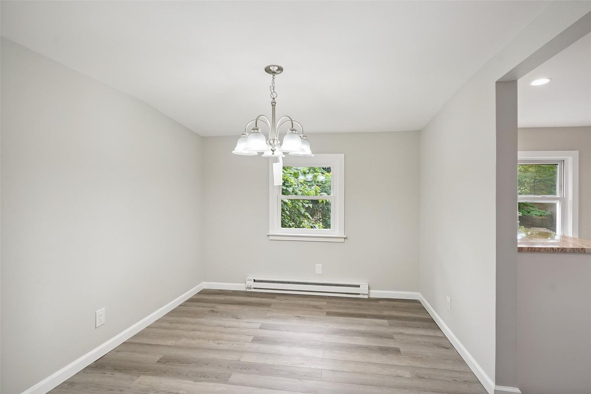Chandelier, Empty room, Interior, Recessed Lighting, Wood Texture Flooring