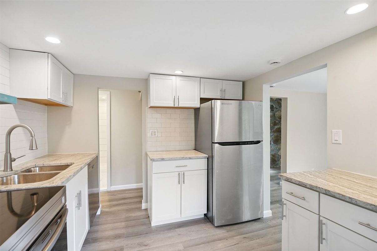 Interior, Kitchen, Recessed Lighting, Stainless Steel Appliances, Wood Texture Flooring