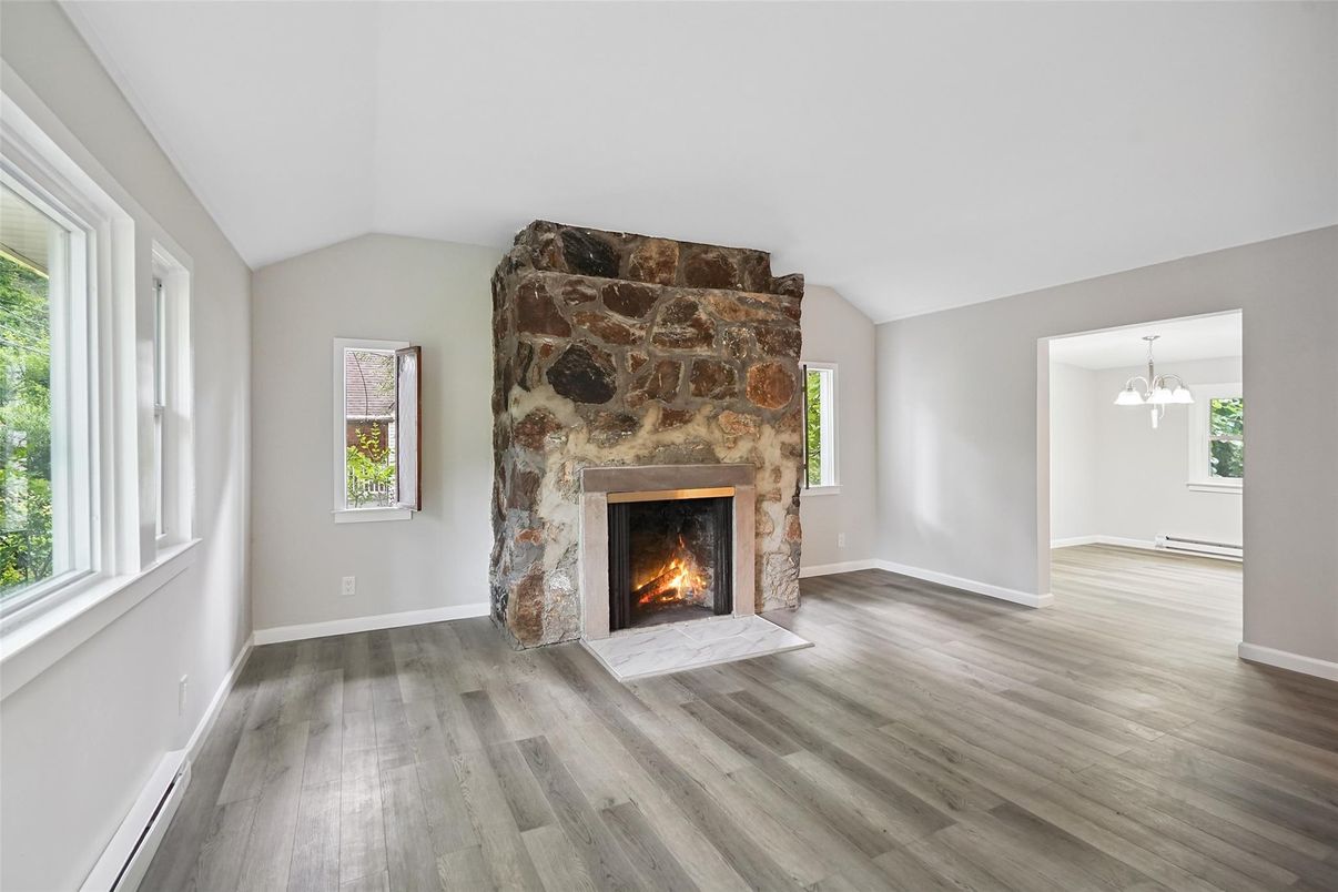 Empty room, Fireplace, Interior, Pendant Lights, Wood Texture Flooring