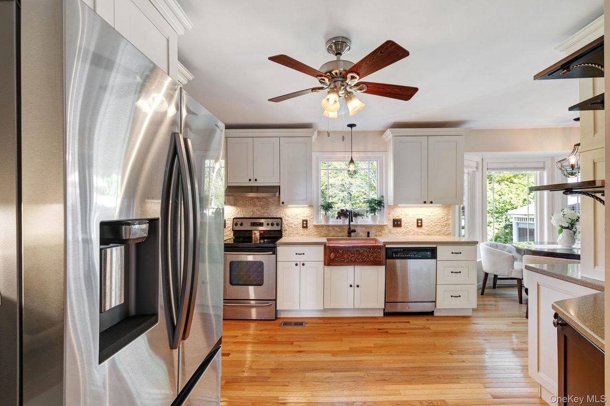 Interior, Kitchen, Pendant Lights, Stainless Steel Appliances, Wood Texture Flooring