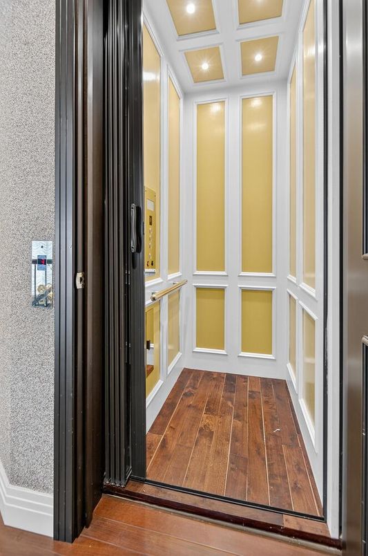 Elevator, Interior, Recessed Lighting, Wood Texture Flooring