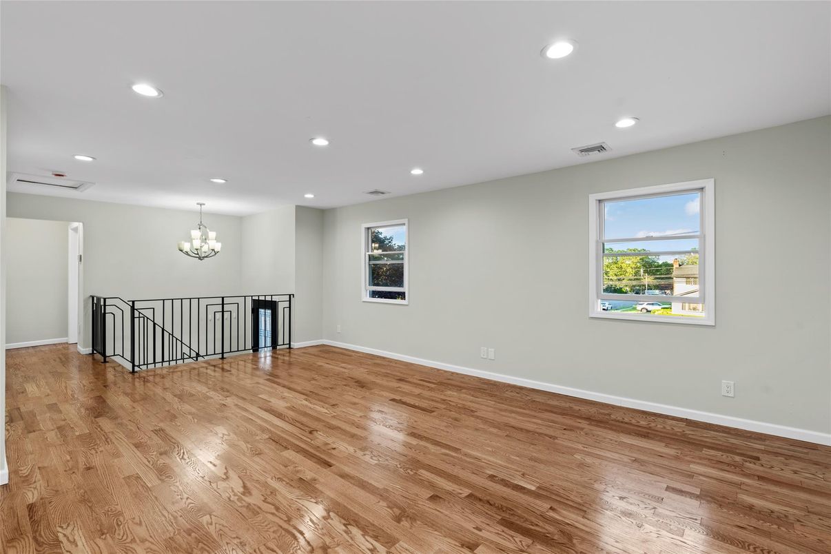Chandelier, Empty room, Interior, Recessed Lighting, Wood Texture Flooring