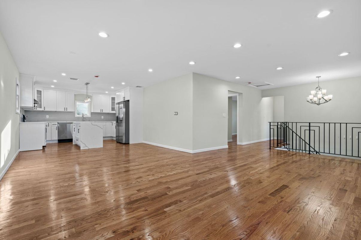 Chandelier, Interior, Kitchen, Pendant Lights, Recessed Lighting, Wood Texture Flooring
