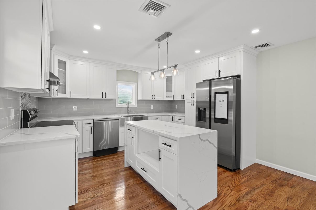Interior, Kitchen, Pendant Lights, Recessed Lighting, Stainless Steel Appliances, Wood Texture Flooring