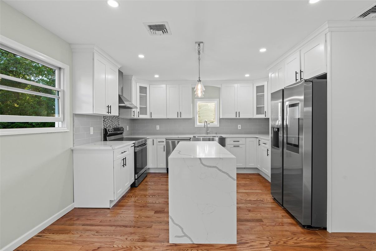 Interior, Kitchen, Pendant Lights, Recessed Lighting, Stainless Steel Appliances, Wood Texture Flooring