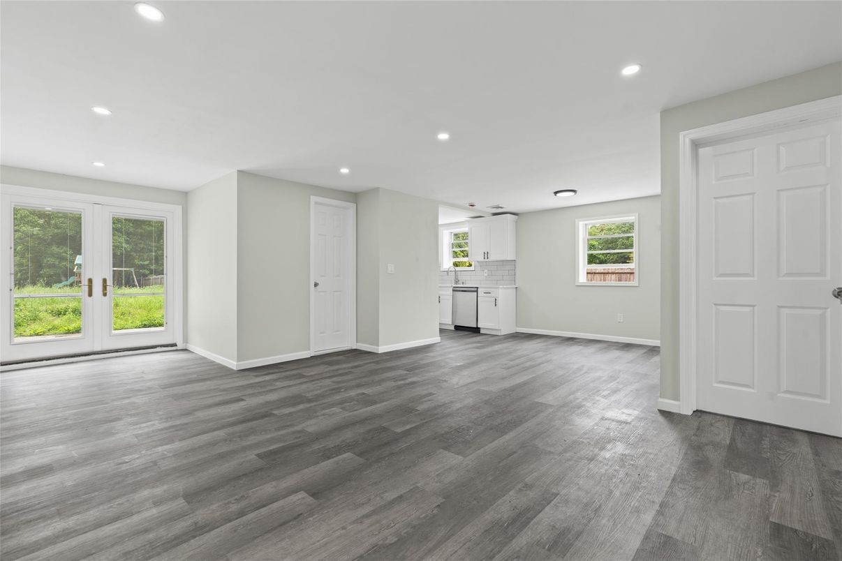 Empty room, Interior, Kitchen, Recessed Lighting, Wood Texture Flooring