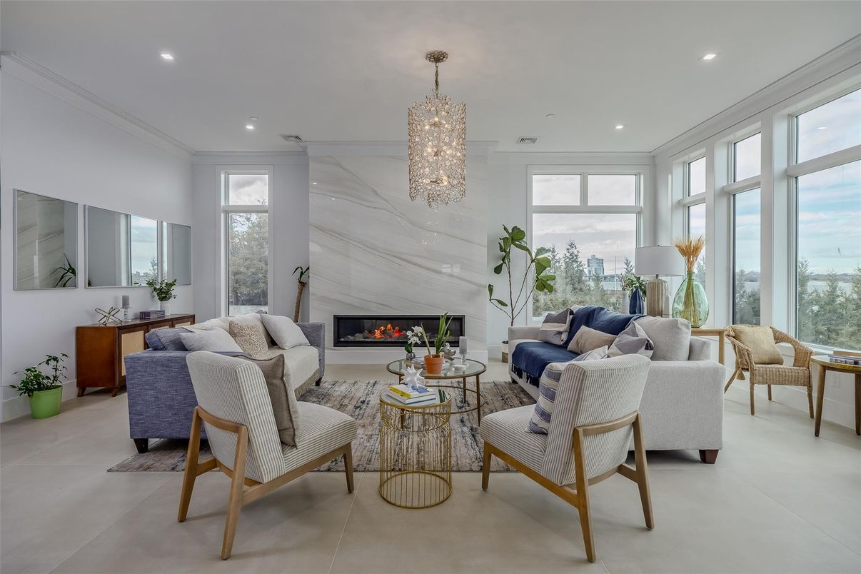 Chandelier, Fireplace, Interior, Living room, Marble Walls, Pendant Lights, Recessed Lighting