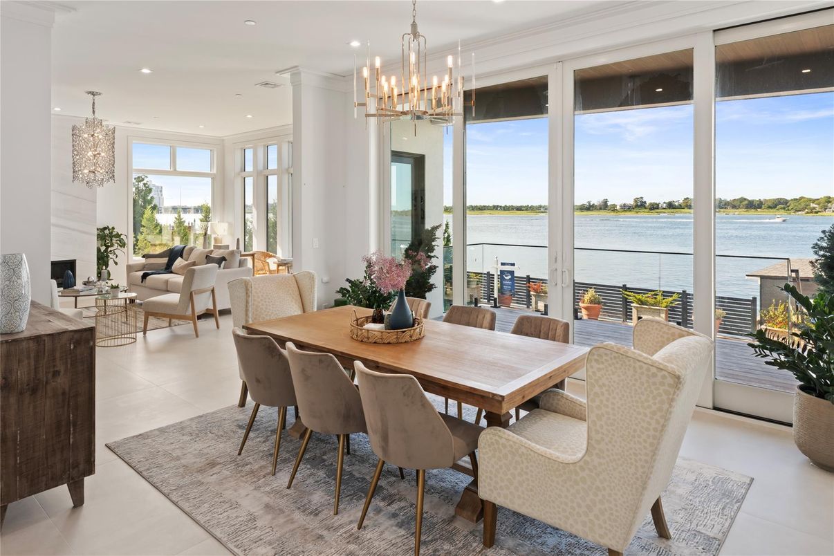 Chandelier, Dining room, Fireplace, Interior, Living room, Pendant Lights, Recessed Lighting, Water