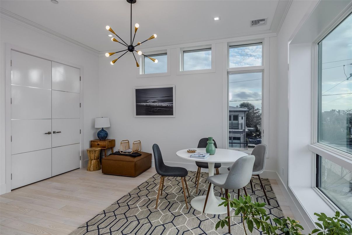 Dining room, Interior, Pendant Lights, Recessed Lighting, Wood Texture Flooring