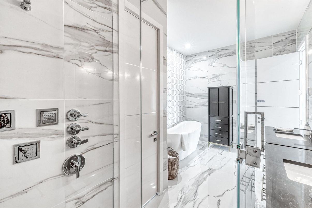 Bathroom, Glass Shower, Interior, Marble, Marble Walls, Recessed Lighting
