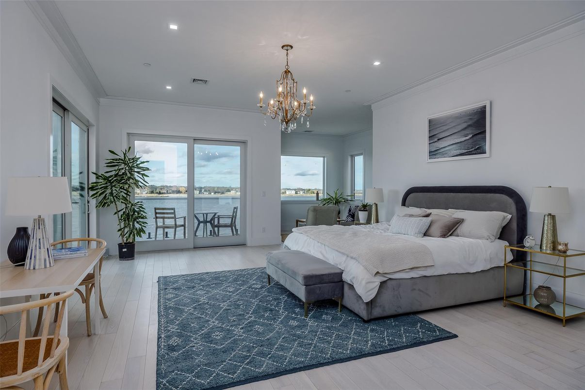 Bedroom, Chandelier, Interior, Recessed Lighting, Water, Wood Texture Flooring