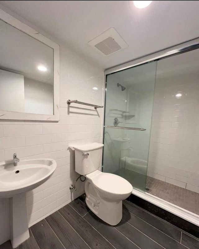 Bathroom, Glass Shower, Interior, Recessed Lighting, Wood Texture Flooring
