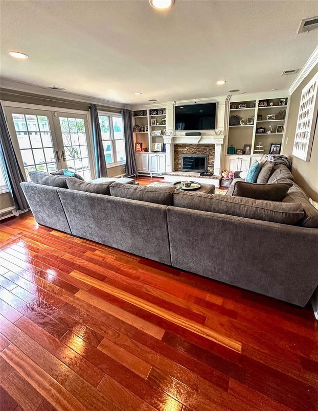 Fireplace, Interior, Living room, Recessed Lighting, Wood Texture Flooring