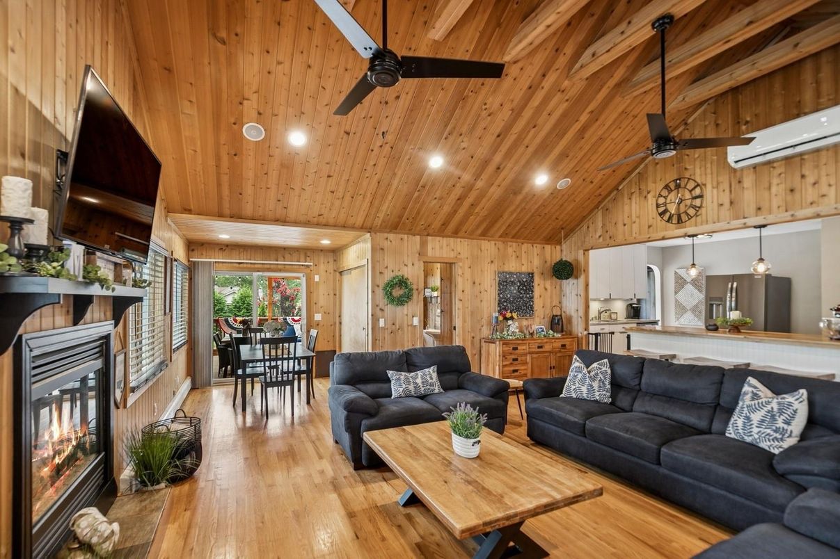 Dining room, Fireplace, Interior, Kitchen, Living room, Pendant Lights, Recessed Lighting, Wooden Ceilings, Wood Texture Flooring, Wooden Walls