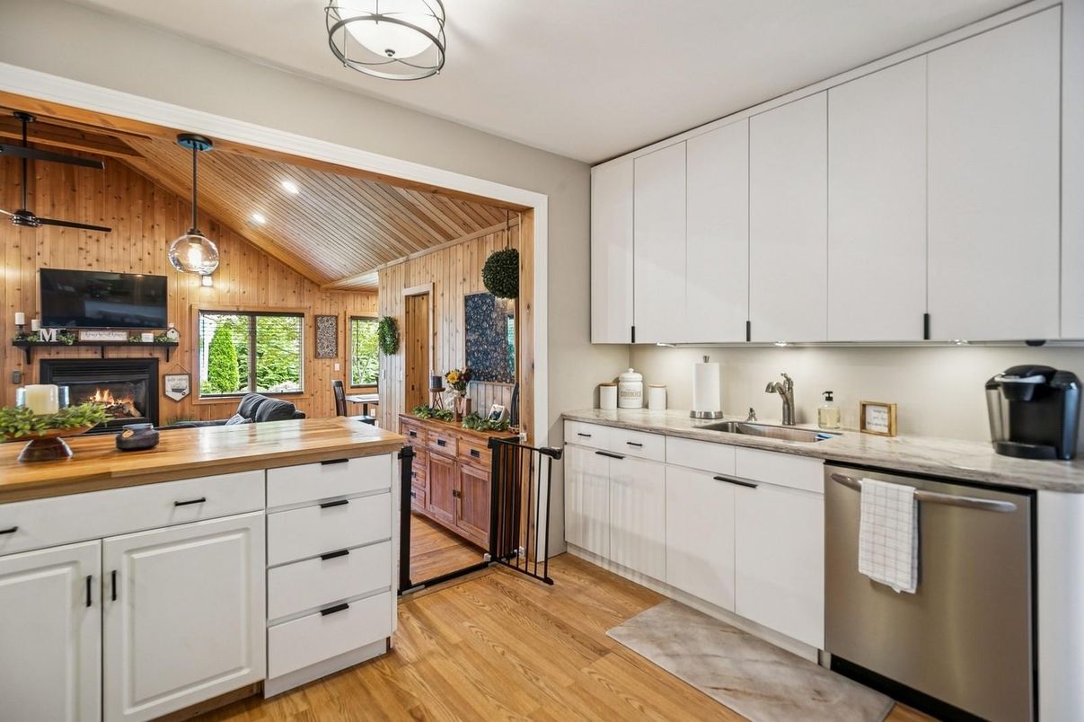 Fireplace, Interior, Kitchen, Recessed Lighting, Wooden Ceilings, Wood Texture Flooring, Wooden Walls