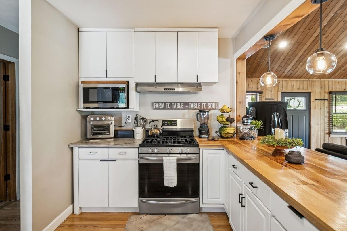 Interior, Kitchen, Pendant Lights, Stainless Steel Appliances, Wood Texture Flooring