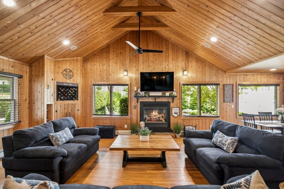 Dining room, Fireplace, Interior, Living room, Recessed Lighting, Wooden Beams, Wooden Ceilings, Wood Texture Flooring, Wooden Walls