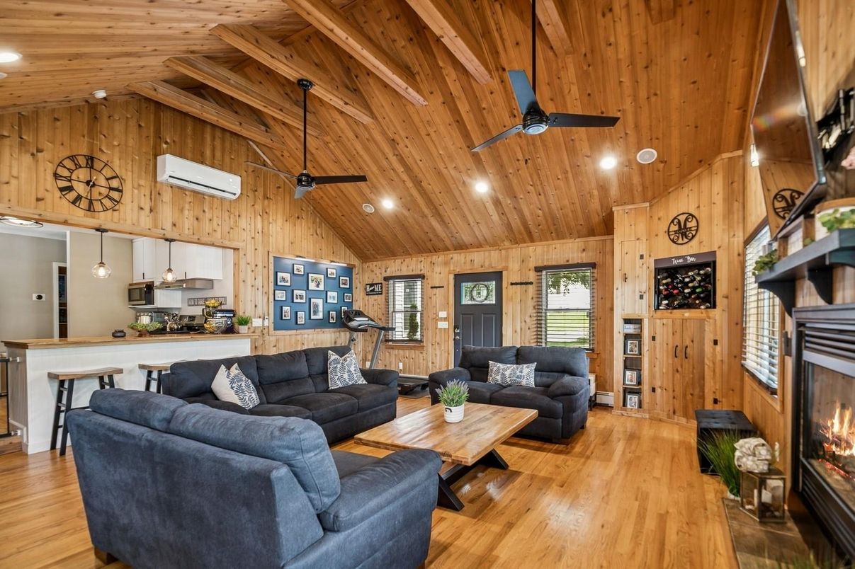 Fireplace, Interior, Kitchen, Living room, Pendant Lights, Recessed Lighting, Wooden Beams, Wooden Ceilings, Wood Texture Flooring, Wooden Walls