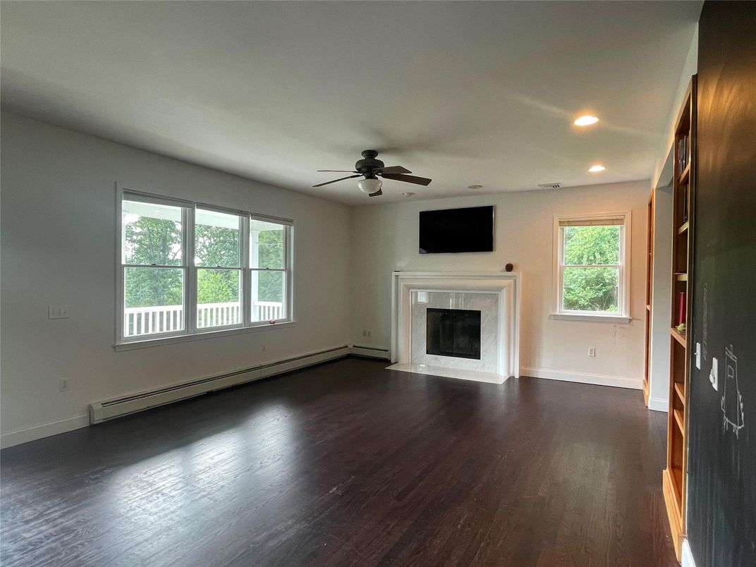 Empty room, Fireplace, Interior, Recessed Lighting, Wood Texture Flooring